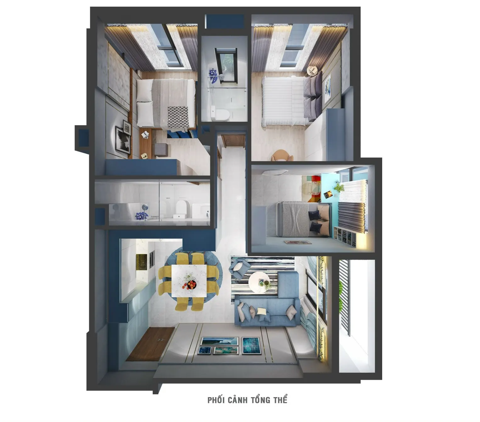 Phối cảnh tổng thể căn hộ 3 phòng ngủ Thiên Quân Marina