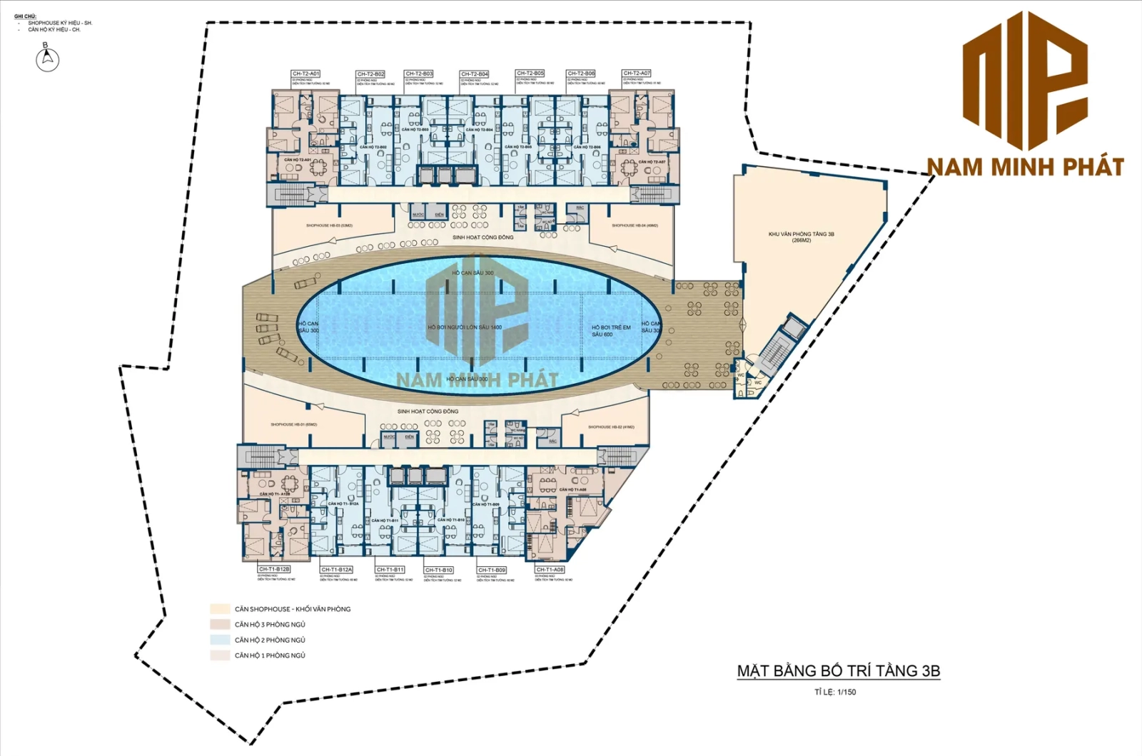 Mặt bằng tầng 3B hồ bơi Thiên Quân Marina Plaza