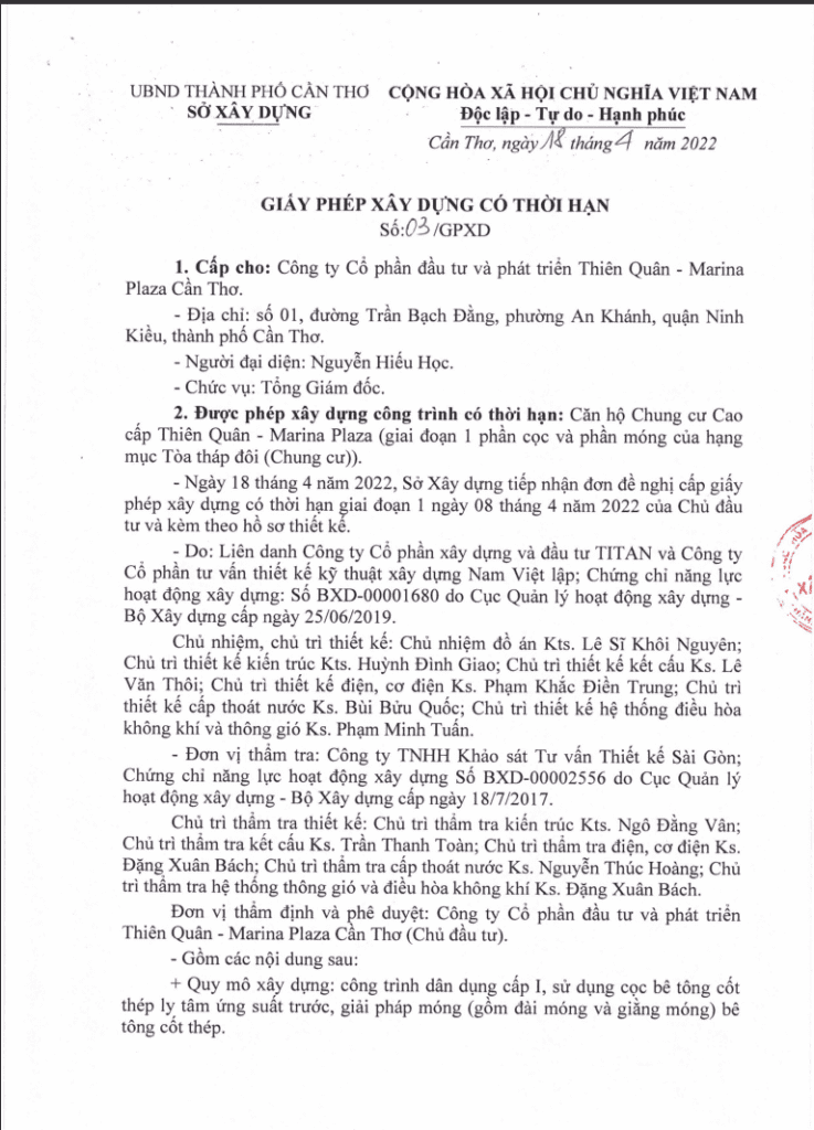 pháp lý chung cư thiên quân marina plaza cần thơ