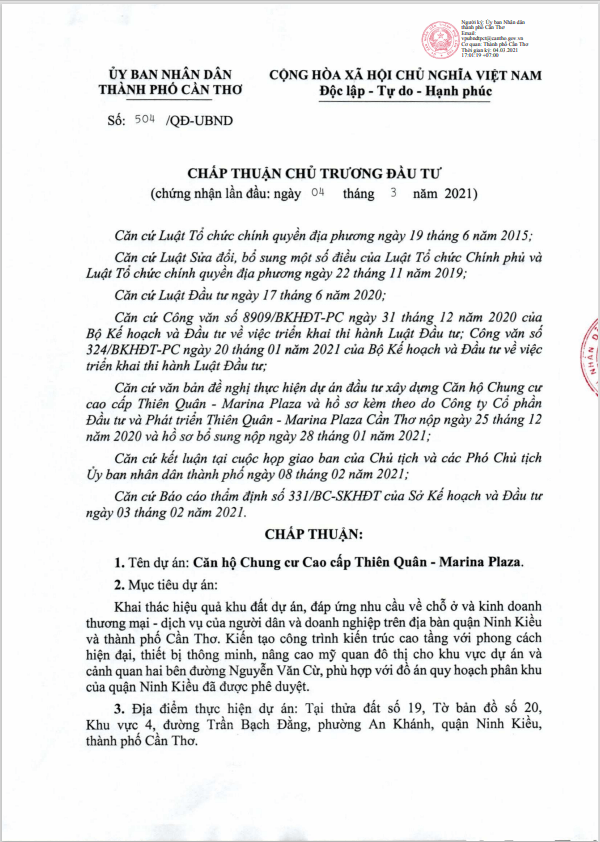 pháp lý chung cư thiên quân marina plaza cần thơ
