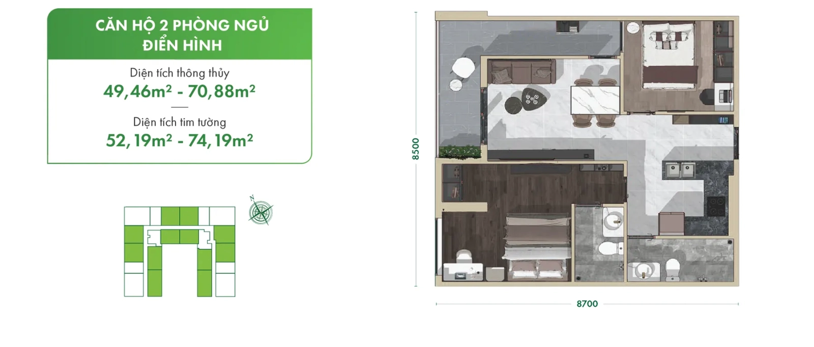 Căn hộ 2 phòng ngủ cho thuê Cái Răng