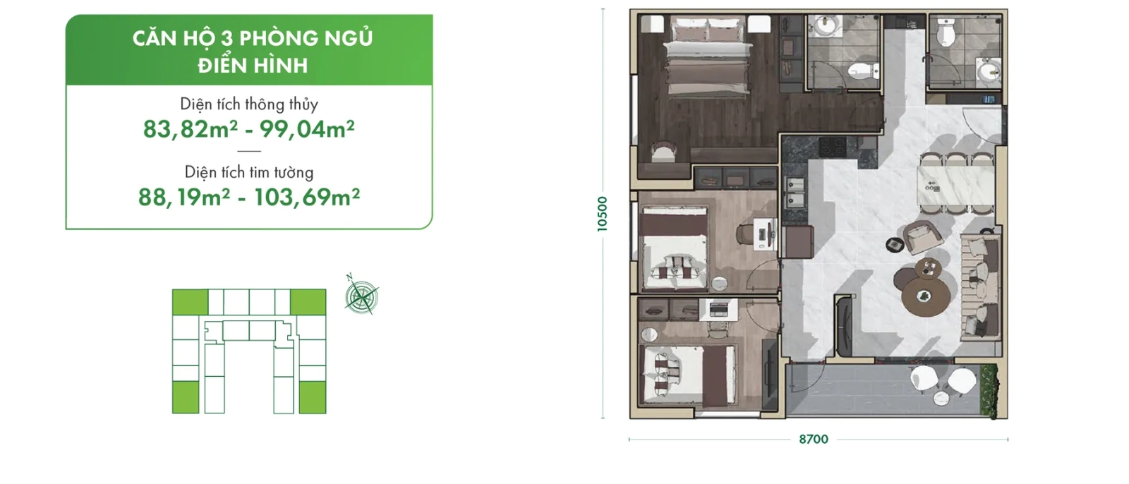 Mặt bằng căn hộ 3 phòng ngủ Dream House Cần Thơ