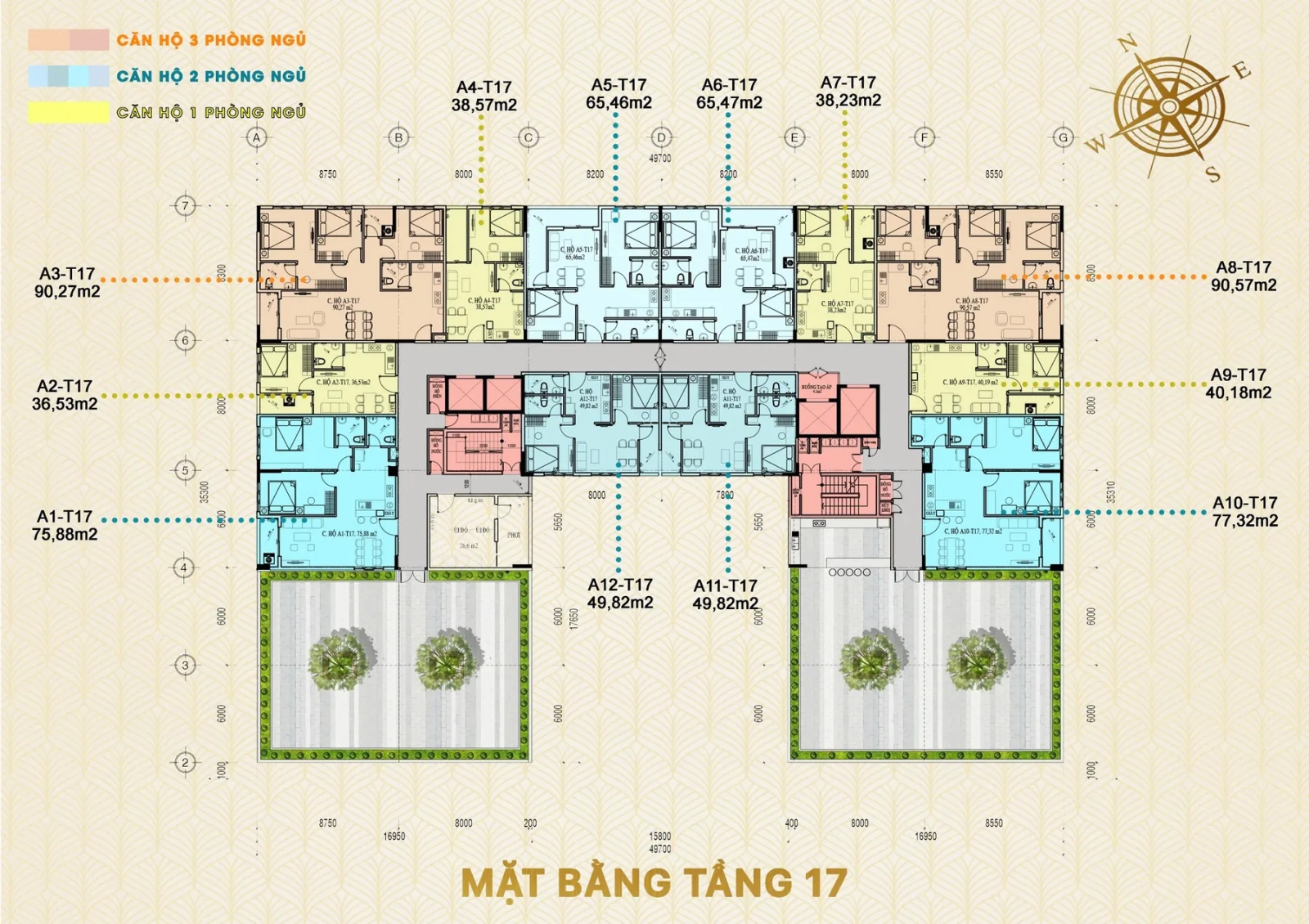 Vị trí căn 1 phòng ngủ trên mặt bằng tầng 17 Dream House