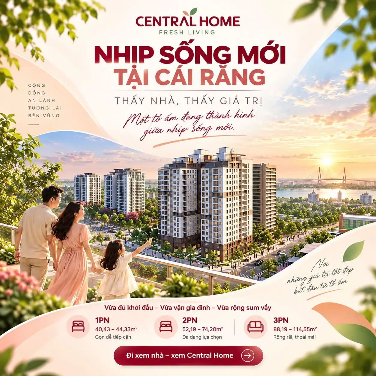 Bảng diện tích các loại căn hộ 1PN 2PN 3PN Central Home Cái Răng