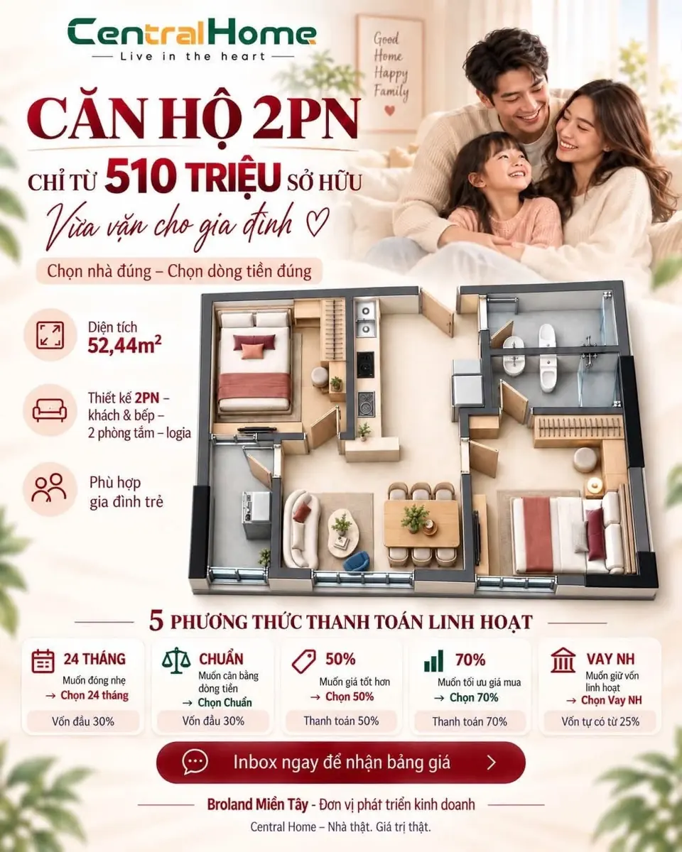 Giá căn hộ 2 phòng ngủ Central Home và 5 phương thức thanh toán