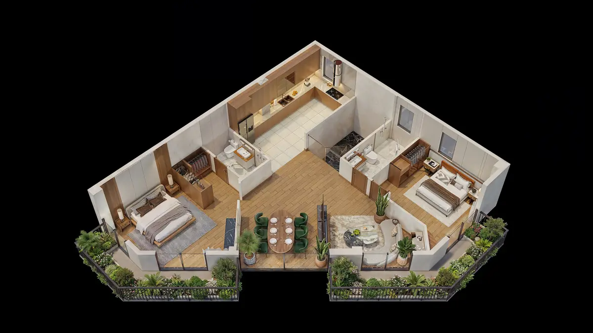 Mặt bằng 3D căn góc C3A Nam Long II