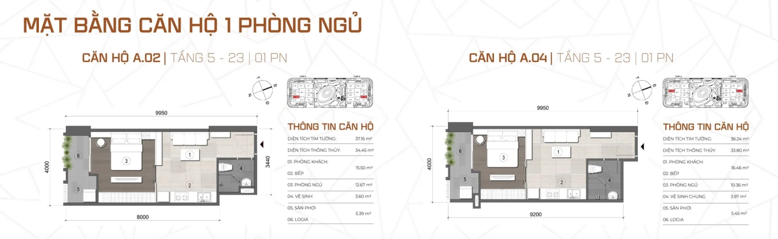 Mặt bằng căn hộ 1 phòng ngủ Cara River Park A.02 A.04