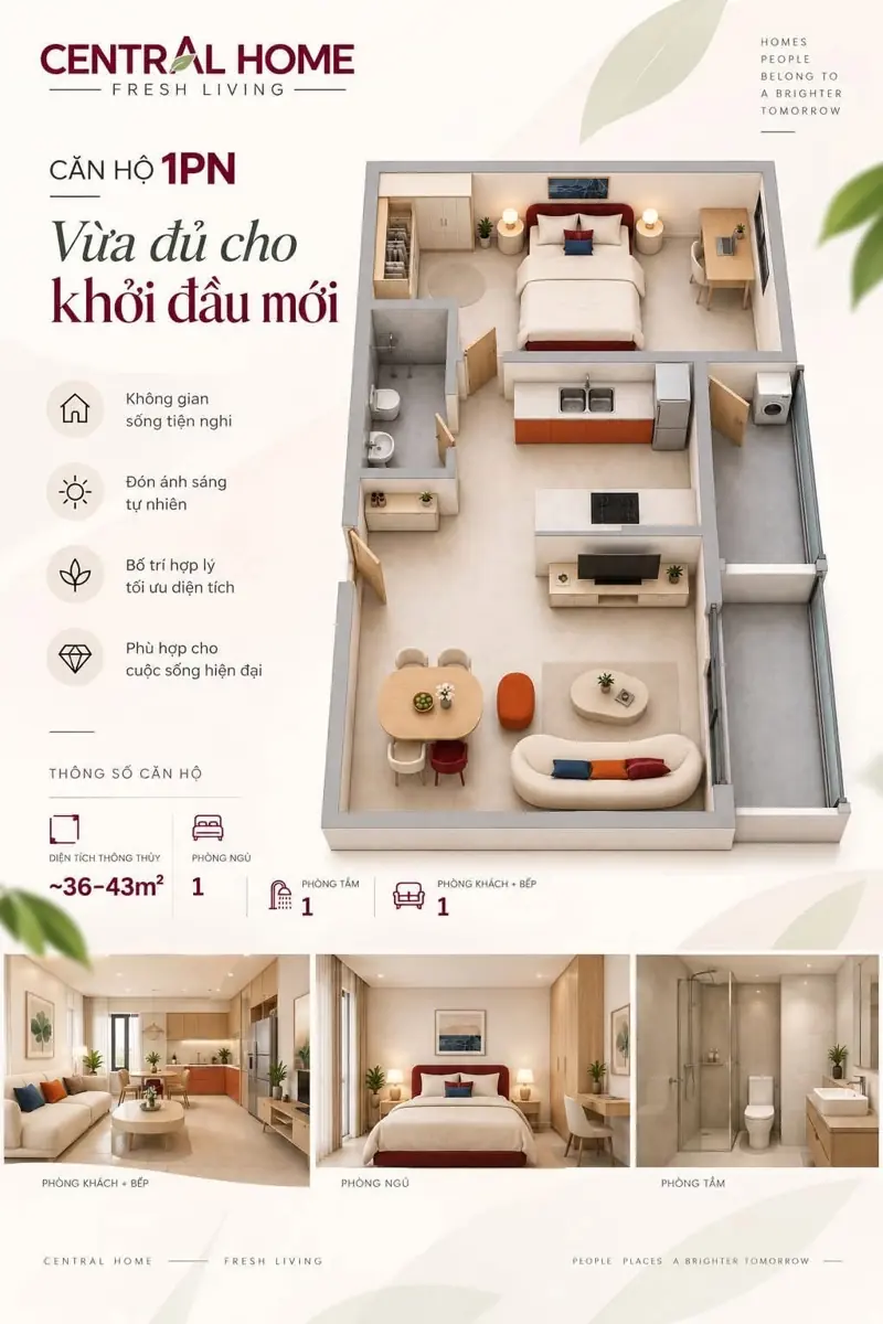 Mặt bằng căn hộ 1 phòng ngủ Central Home