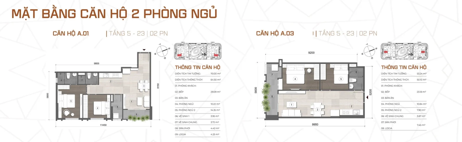 Mặt bằng căn hộ 2 phòng ngủ Cara River Park