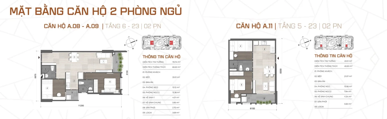 Mặt bằng căn hộ 2 phòng ngủ A.08 A.09 A.11 Cara River Park