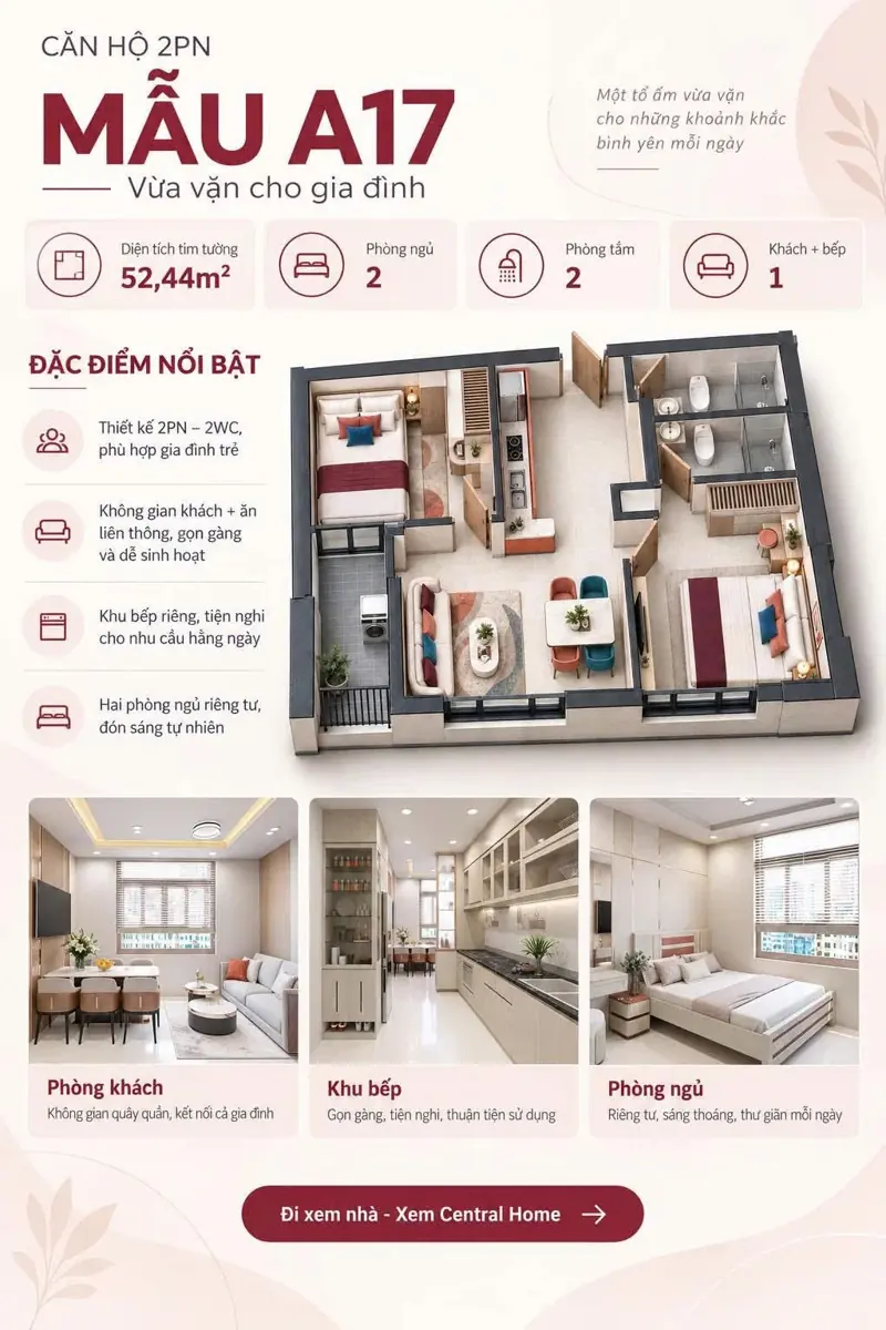 Mặt bằng căn hộ 2 phòng ngủ mẫu A17 Central Home 52,44 m²