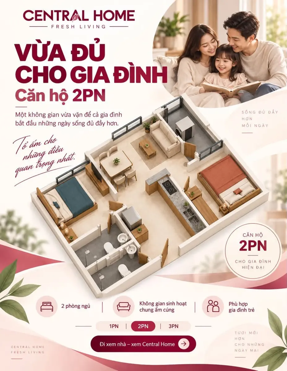 Mặt bằng căn hộ 2 phòng ngủ Central Home