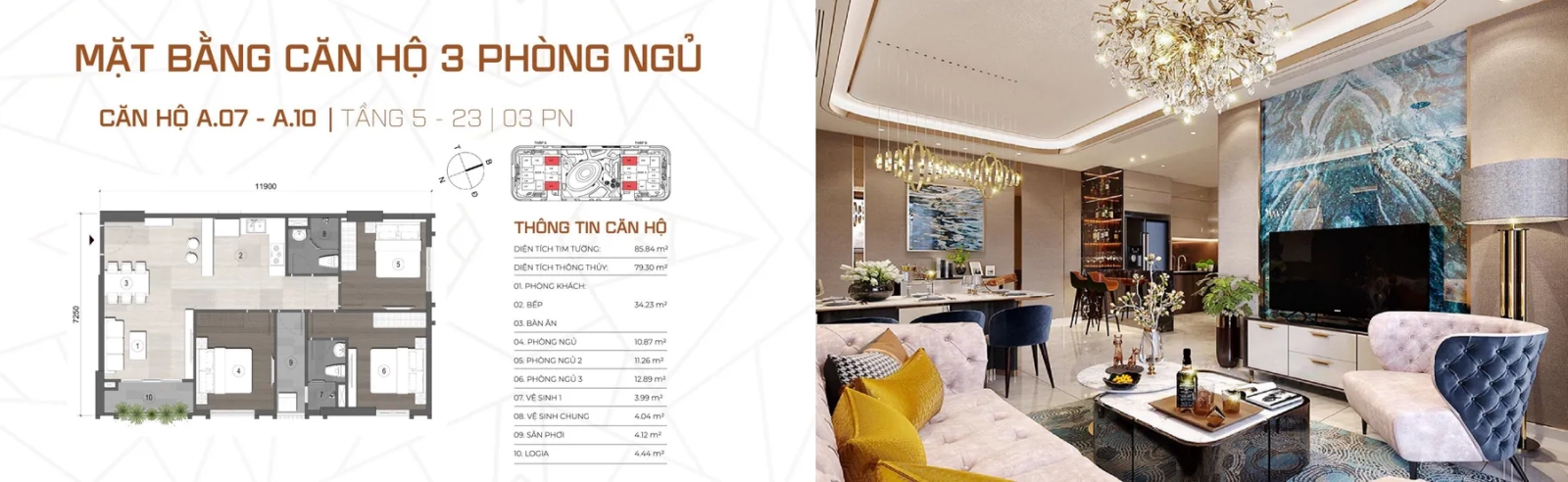 Mặt bằng căn hộ 3 phòng ngủ Cara River Park A.07 A.10