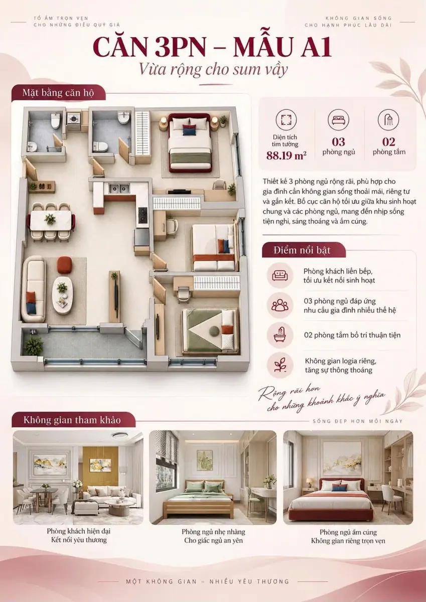 Mặt bằng căn hộ 3 phòng ngủ mẫu A1 Central Home 88,19 m²