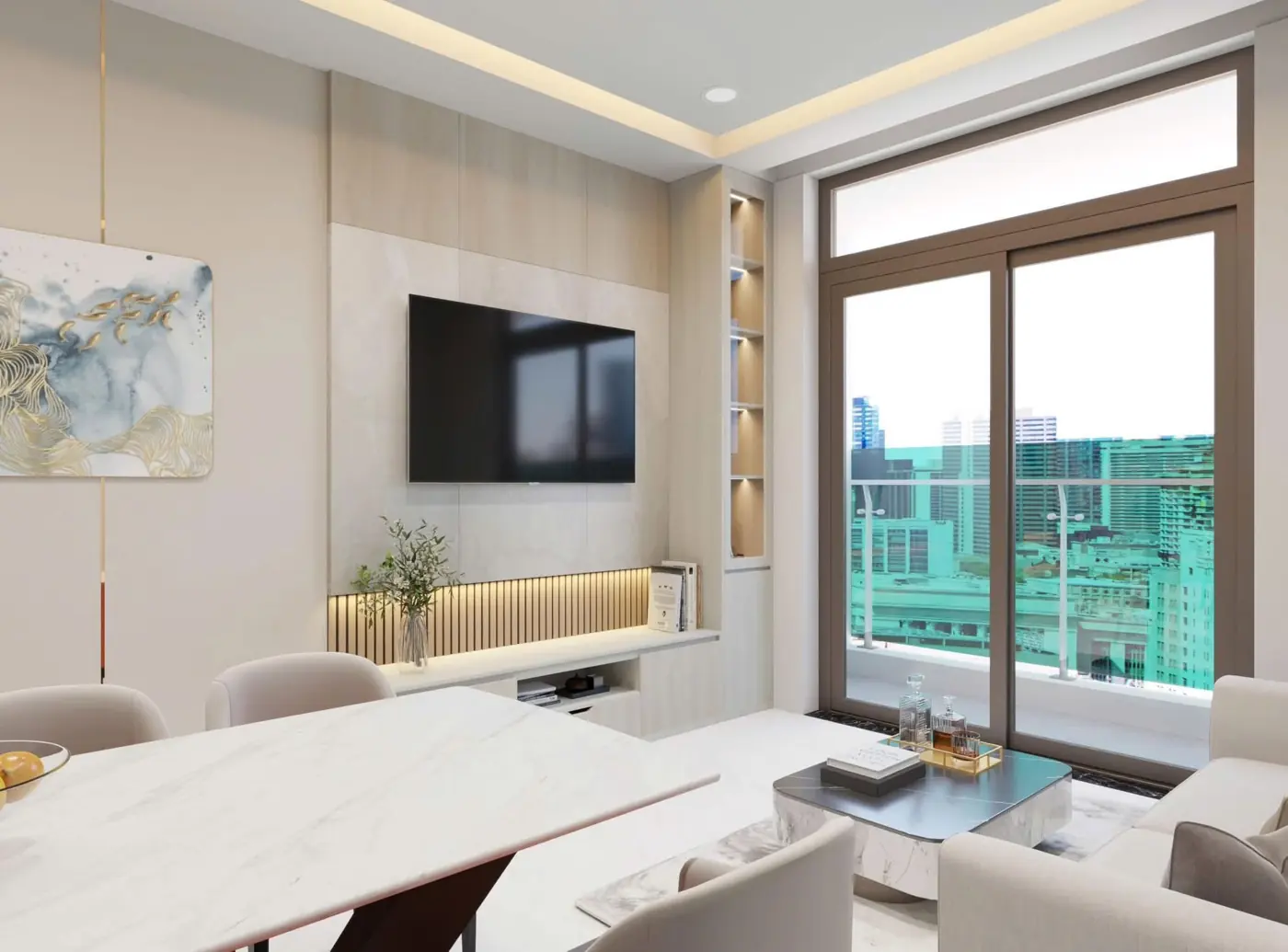 Phòng khách liền bếp căn hộ Central Home