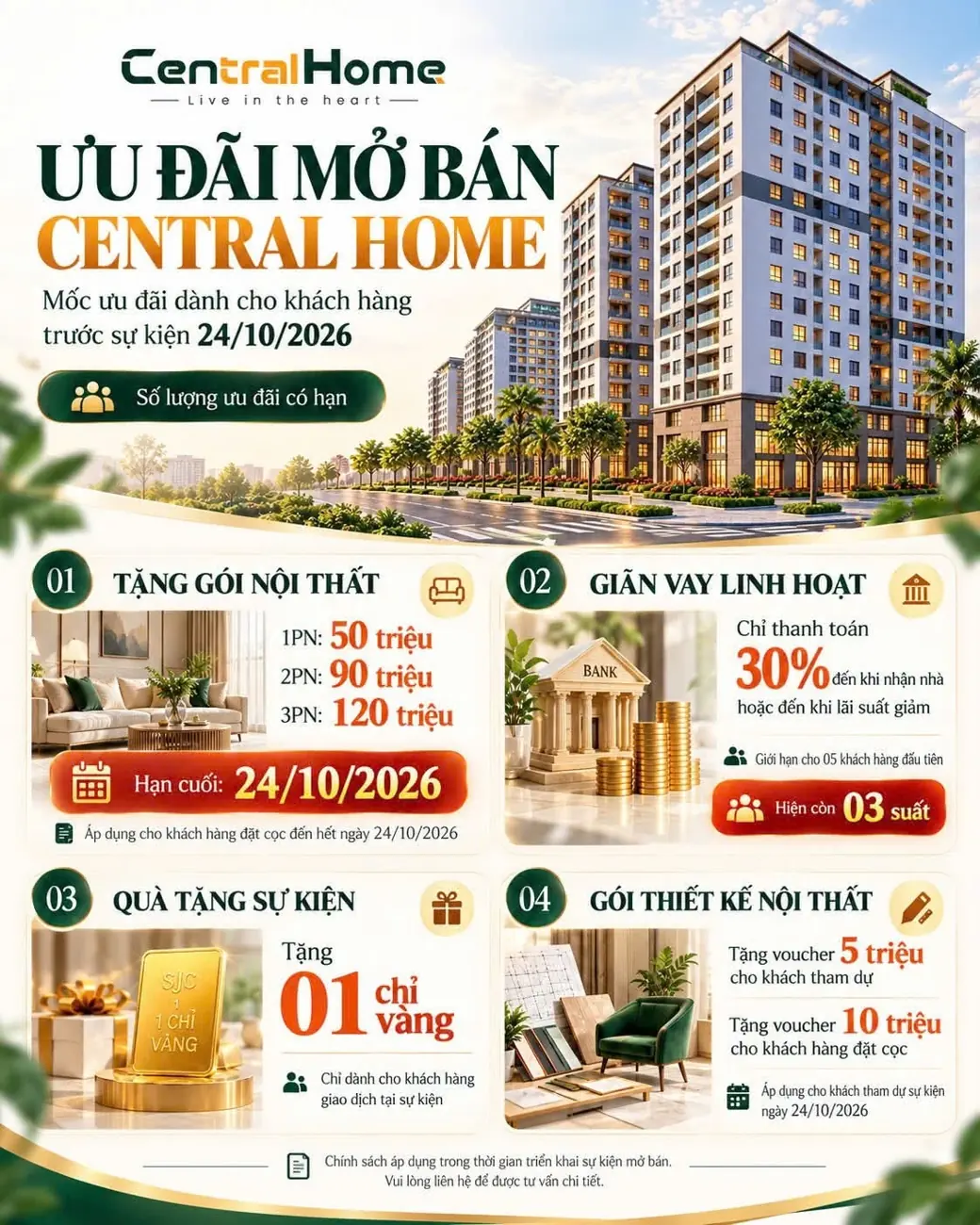 Ưu đãi mở bán Central Home: tặng gói nội thất, giãn vay, quà tặng vàng